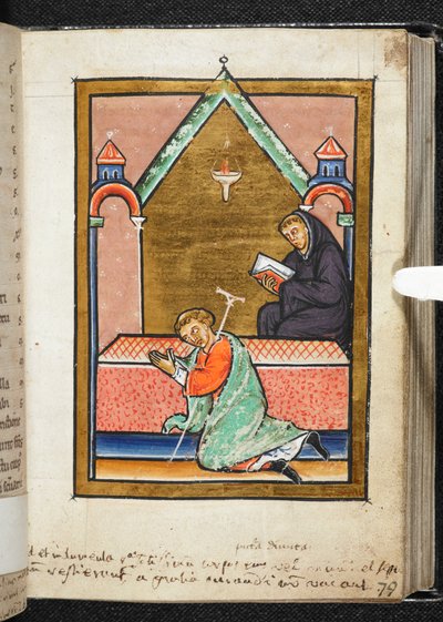 Yates Thompson Ms 26, f.79 r Un infirme priant sur la tombe de Saint Cuthbert, illustration de 