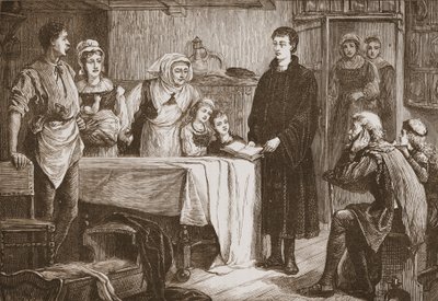 Jeune Calvin expliquant la Bible à une famille à Bourges, illustration de L
