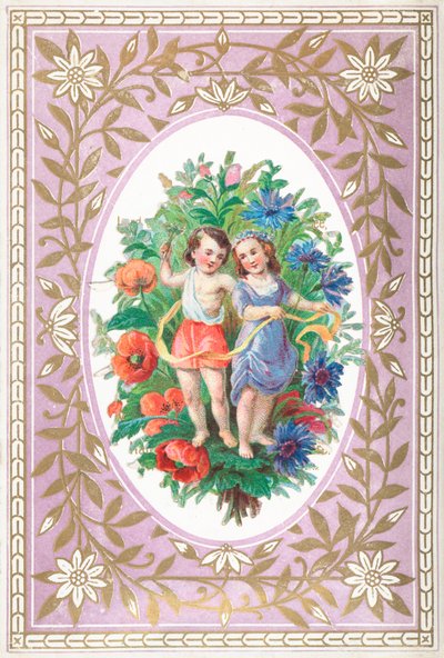 Jeune fille et garçon avec des fleurs et des rubans, carte - English School