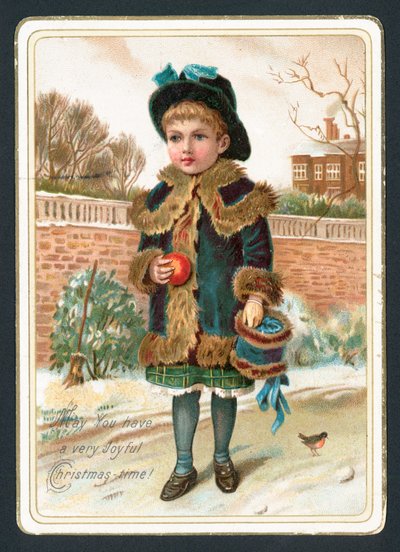 Jeune fille tenant un manchon en fourrure et une pomme, Carte de Noël - English School
