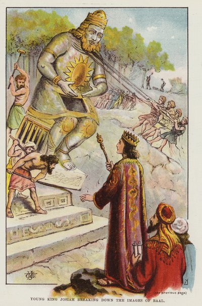 Le jeune roi Josias détruisant les images de Baal (lithographie en couleur) - English School