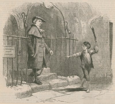 Jeune garçon guidant un gentleman à la lumière d