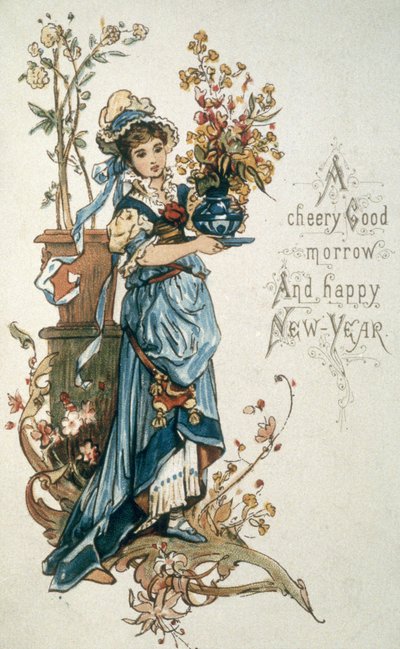 Jeune fille en bleu pour vous souhaiter un très joyeux Noël et une bonne année, vers 1900 - English School