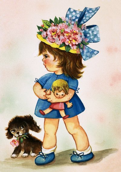 Jeune fille avec chapeau fleuri, poupée et chiot - English School