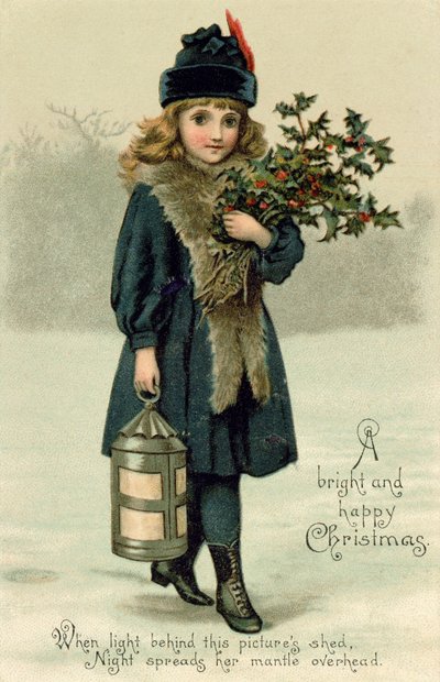 Jeune fille avec du houx et une lanterne, carte postale, début du 20ème siècle - English School
