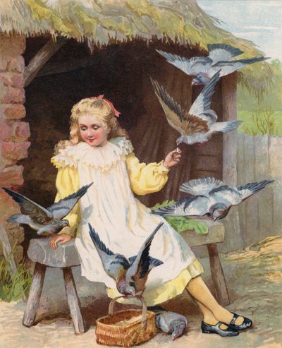Jeunes filles nourrissant des pigeons dans une ferme - English School