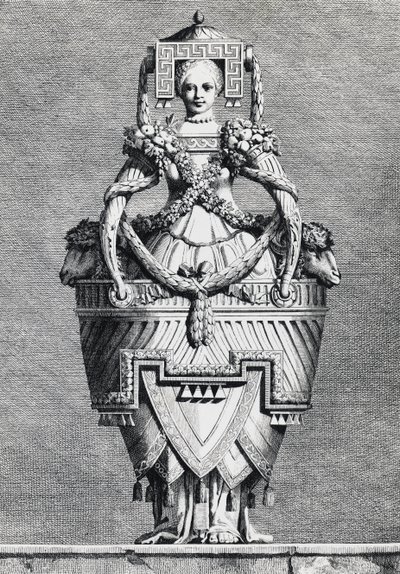 Vase anthropomorphe, mariée grecque, gravure de Mascarade la Grecque, Suite des Vases et Cheminées - Ennemond Alexandre (after) Petitot