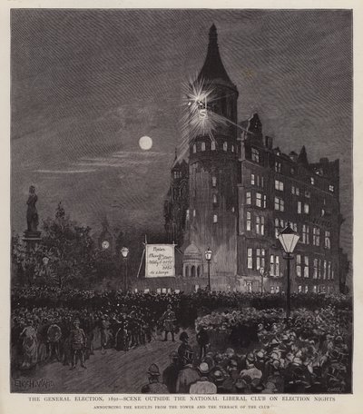 Annonce des résultats des élections générales de 1892 depuis le Liberal Club, Westminster, Londres - Enoch Ward