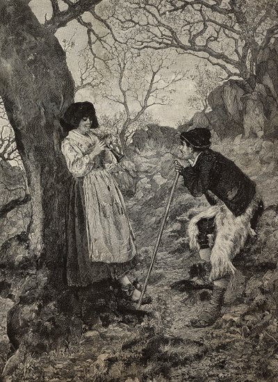 Idylle, berger écoutant une jeune femme jouant de la flûte, gravure de G Sabattini d