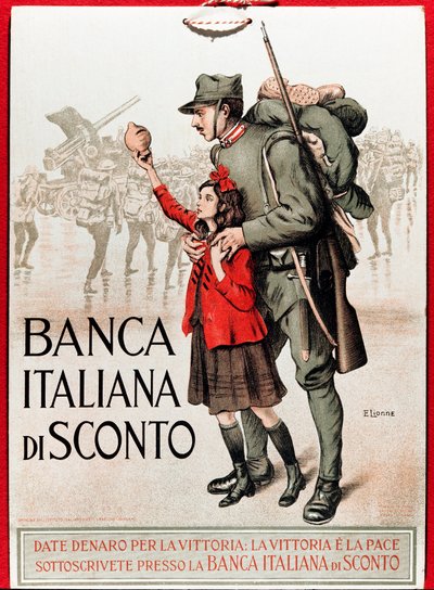 Première Guerre mondiale : affiche italienne encourageant un prêt national représentant un soldat avec une petite fille offrant sa lire - Illustration par Enrico della Leonessa (Lioness) (1875-1921) - Enrico della Lionne