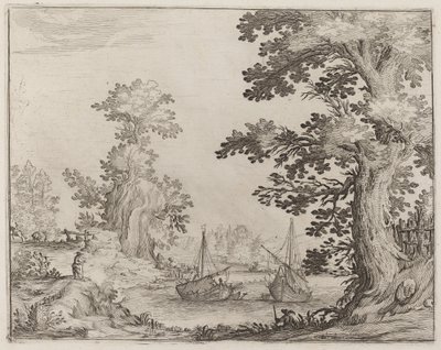 Paysage et rivière avec navires ancrés - Ercole Bazicaluva