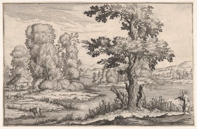 Paysage avec chèvres broutant près d