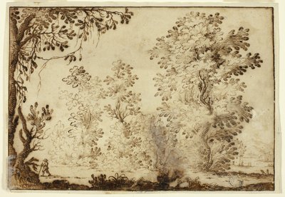 Paysage boisé avec un voyageur au premier plan - Ercole Bazzicaluva