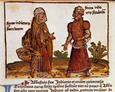 Description des costumes albanais : un prêtre et un laïc Page du livre de voyage Peregrinatio in terram sanctam après le pèlerinage en Terre Sainte de Bernard de Breydenbach (Breidenbach) (1454-1497) illustré par des gravures d