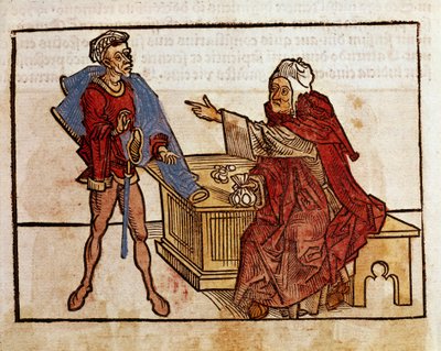 Transaction entre un Juif et un usurier Page tirée du livre de voyage « peregrinatio in terram sanctam » après le pèlerinage en Terre Sainte de Bernard de Breydenbach (Breidenbach) (1454-1497) illustré par des gravures d