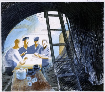 Vue de la salle des officiers dans un sous-marin immergé, avec des ustensiles de cuisine et quatre marins jouant aux cartes - Eric Ravilious