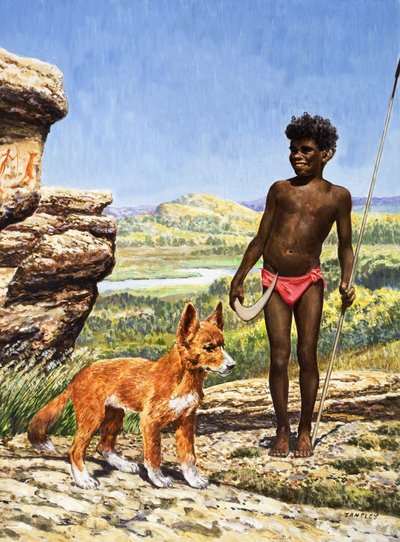 Garçon aborigène avec dingo (gouache sur papier) - Eric Tansley