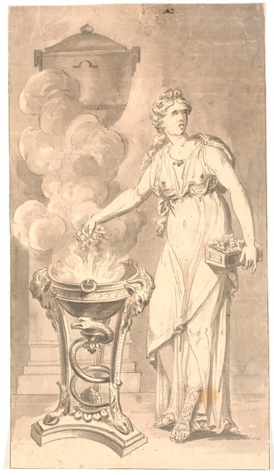 Femme en Costume Classique Offrant des Fleurs dans un Bol d