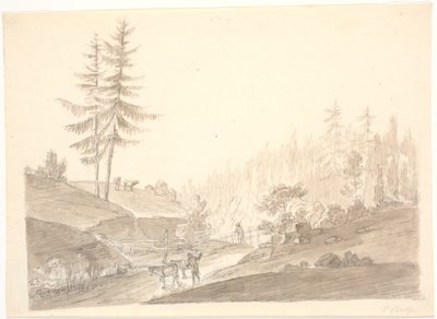 Paysage montagneux norvégien avec du bétail et deux hommes - Erik Pauelsen