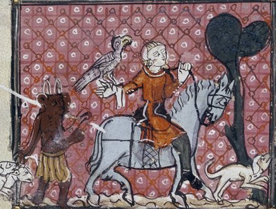 Le péché des vanités mondaines: un cavalier avec son faucon et son chien est approché par un diable. Une illustration des tentations, tirée des poèmes de Matfre Ermengau, vers 1300-1320 - Ermengaut Matfre