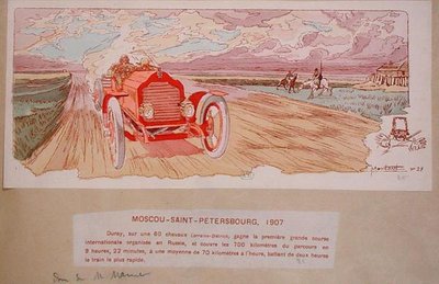 Arthur Duray dans sa Lorraine-Dietrich remportant le rallye Moscou-Saint-Pétersbourg en 1907, vers 1910 - Ernest (after) Montaut