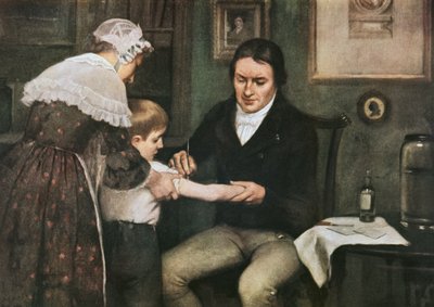 Dr Edward Jenner (1749-1823) effectuant sa première vaccination contre la variole sur James Phipps, garçon de huit ans, le 14 mai - Ernest Board