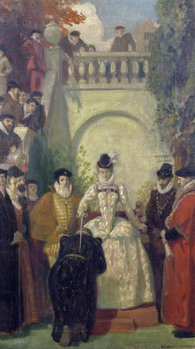La reine Elizabeth I adoubant Sir John Young sur les marches de sa propriété, The Great House, Bristol, 1910-20 - Ernest Board
