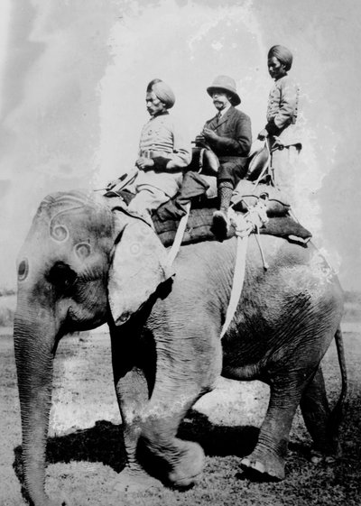 George V (1865-1936) Roi de Grande-Bretagne à partir de 1936, chevauchant un éléphant lors d