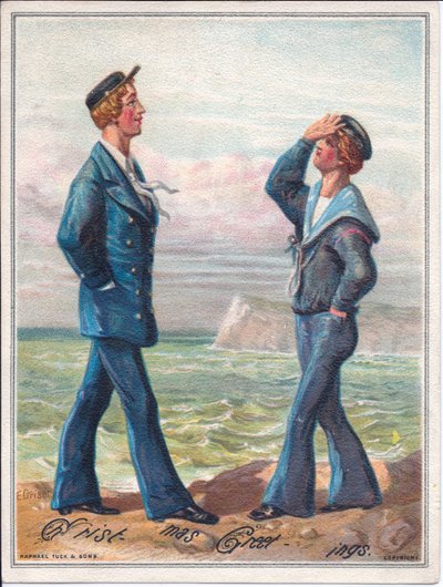 Carte de Noël victorienne de deux marins marchant près de l
