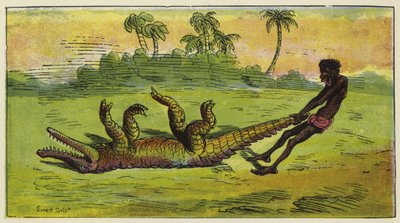 Homme Ashanti traînant un crocodile endormi par la queue - Ernest Henry Griset