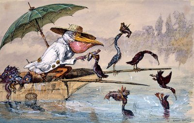 Cormorans présentant du poisson à un pélican dans une barque sous un parapluie, c1864-1907 - Ernest Henry Griset