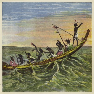 Le roi des Ashantis en mer dans sa pirogue d