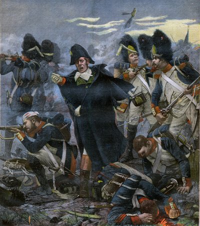 Général Pierre Cambronne (1770-1842) aux côtés de ses troupes à la bataille de Waterloo - gravure d