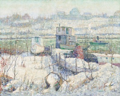 Hangar à bateaux, hiver, Harlem River, vers 1916 - Ernest Lawson