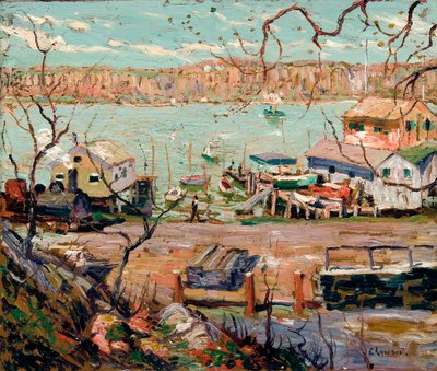 Scène de rivière - Bateaux et maisons - Ernest Lawson