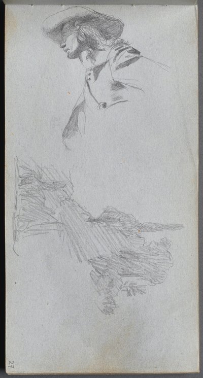 Carnet de croquis, page 27 : Étude de détail pour Sur une terrasse et étude de paysage - Jean Louis Ernest Meissonier