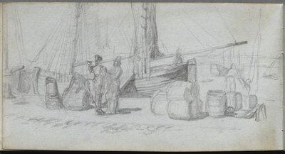 Carnet de croquis, page 50 : Bateaux, figures, cargaison sur une plage - Ernest Meissonier