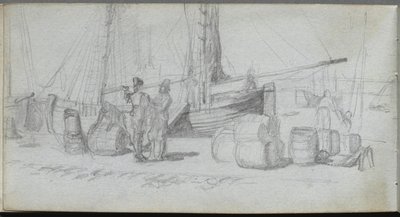 Carnet de croquis, page 50 : Bateaux, figures, cargaison sur une plage - Jean Louis Ernest Meissonier