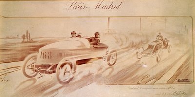 Course automobile : « Paris Madrid » : Gabriel vainqueur sur Mors équipé de pneus Michelin. Illustration 1903 - Ernest Montaut