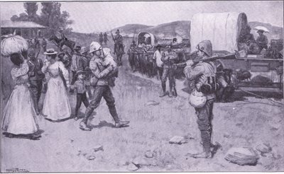 Soldats britanniques aidant les réfugiés boers, illustration de Après Pretoria : La guerre de guérilla, 1902 - Ernest Prater