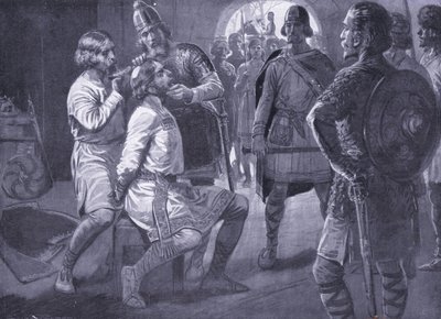 Ceowulf, roi de Northumbrie, se faisant tondre de force en 731 - Ernest Prater