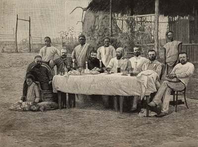 Banquet de la société anti-esclavagiste au consulat italien à Boma, République démocratique du Congo, gravure d