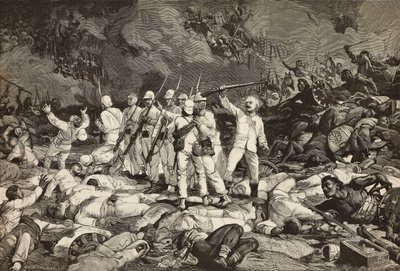Bataille de Dogali, derniers survivants présentant les armes, saluant les morts, guerre érythréenne, gravure par Ernesto Mancastroppa et Cantagalli d