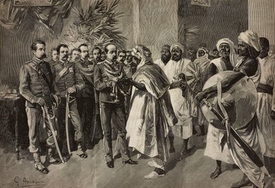 Le général Tancredi Saletta offrant une épée à Kantibai, chef des Abab, Massawa, guerre érythréenne, gravure par Ernesto Mancastroppa d