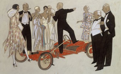 Un groupe de dames et de messieurs en tenue de soirée écoutant un orateur, debout dans une Bugatti 