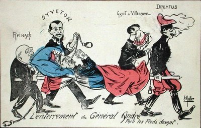 Enterrement du général André, porté pieds en avant par Joseph Reinach (1856-1921), Gabriel Syveton (1864-1904), Guyot de Villeneuve et Alfred Dreyfus (1855-1935) 1913 - Ernst Emmanuel Muller