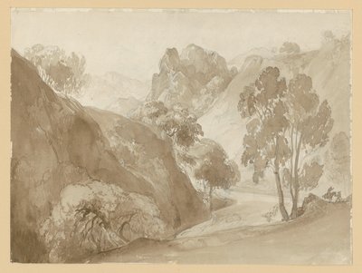 Vallée fluviale et paysage montagneux, avec personnages sur le chemin - Ernst Fries