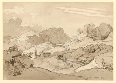 Paysage italien avec collines rocheuses et arbres, une cabane et des figures de staffage au bord du chemin - Ernst Fries