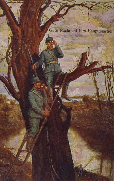 Bonne nouvelle pour le quartier général, soldats allemands observant le champ de bataille et rapportant au quartier général via un téléphone de campagne, Première Guerre mondiale, 1915 - Ernst Heilemann
