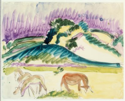 Trois chevreuils et une vache en train de brouter à Fehmarn - Ernst Ludwig Kirchner
